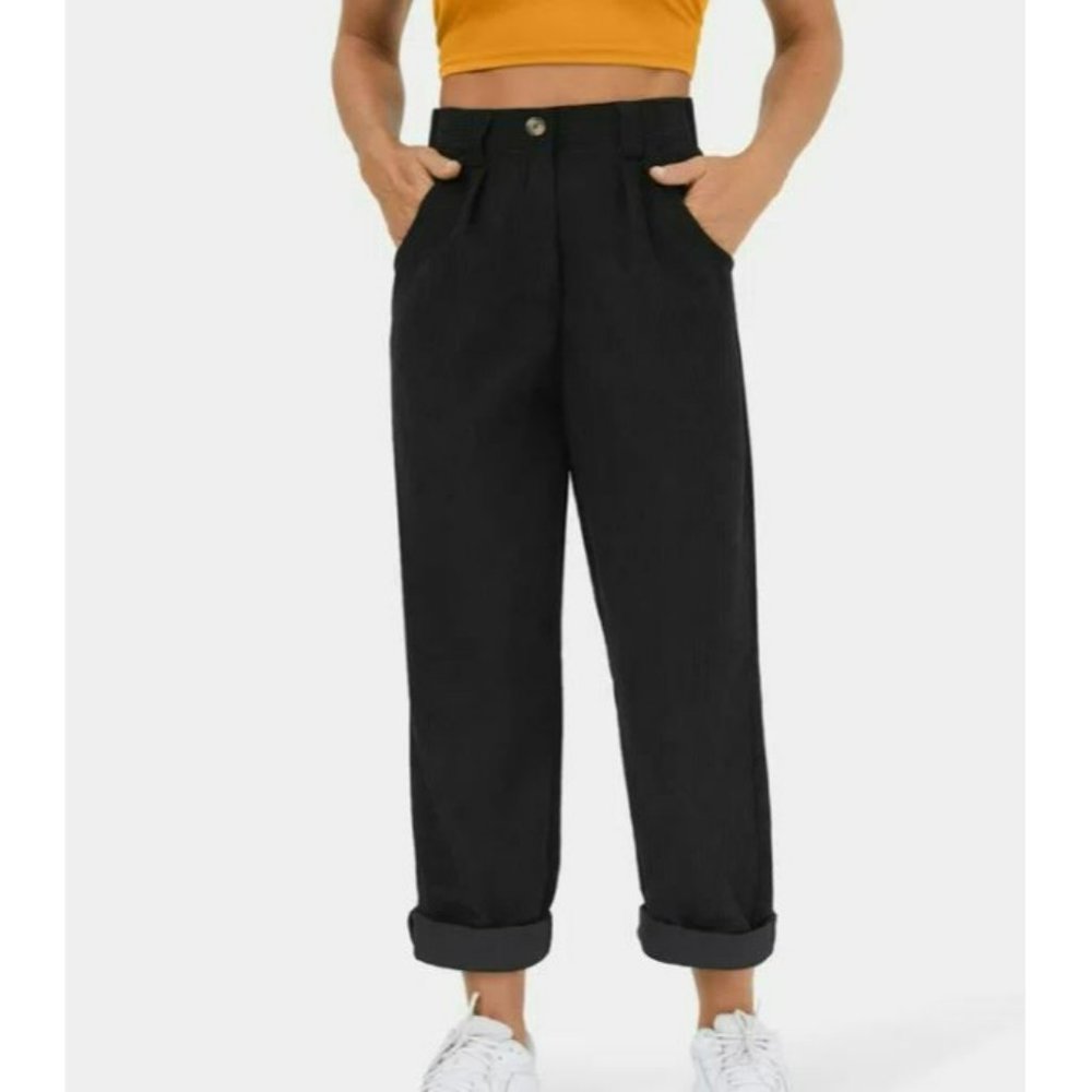 Halara Mid Rise Button Zipper Side Pocket Corduroy Casual Pants Black Size L NWT